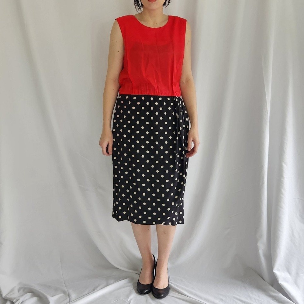 80s Red, Black, and White Silk Blend Polka‎ Dot Dress